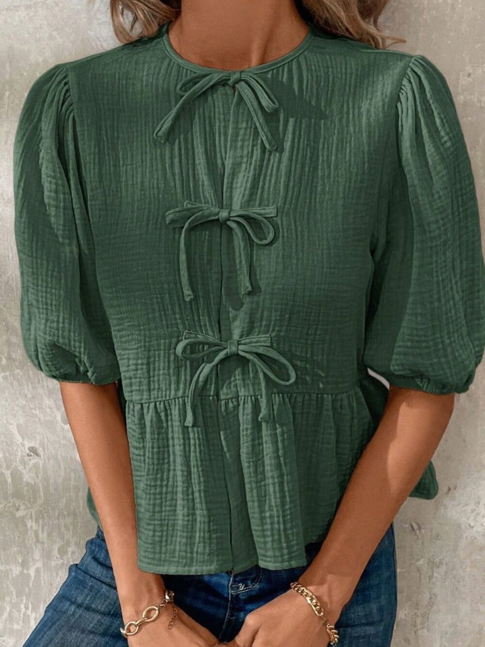 Green Casual Women's Bow Tie Front Ruffle Hem Puff Sleeve Blouse - Picture 5 of 5